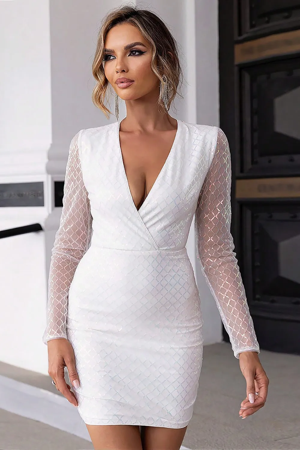 Sparkly White V-Neck Open Back Bodycon Dress With Long Sleeves sold by Zapaka