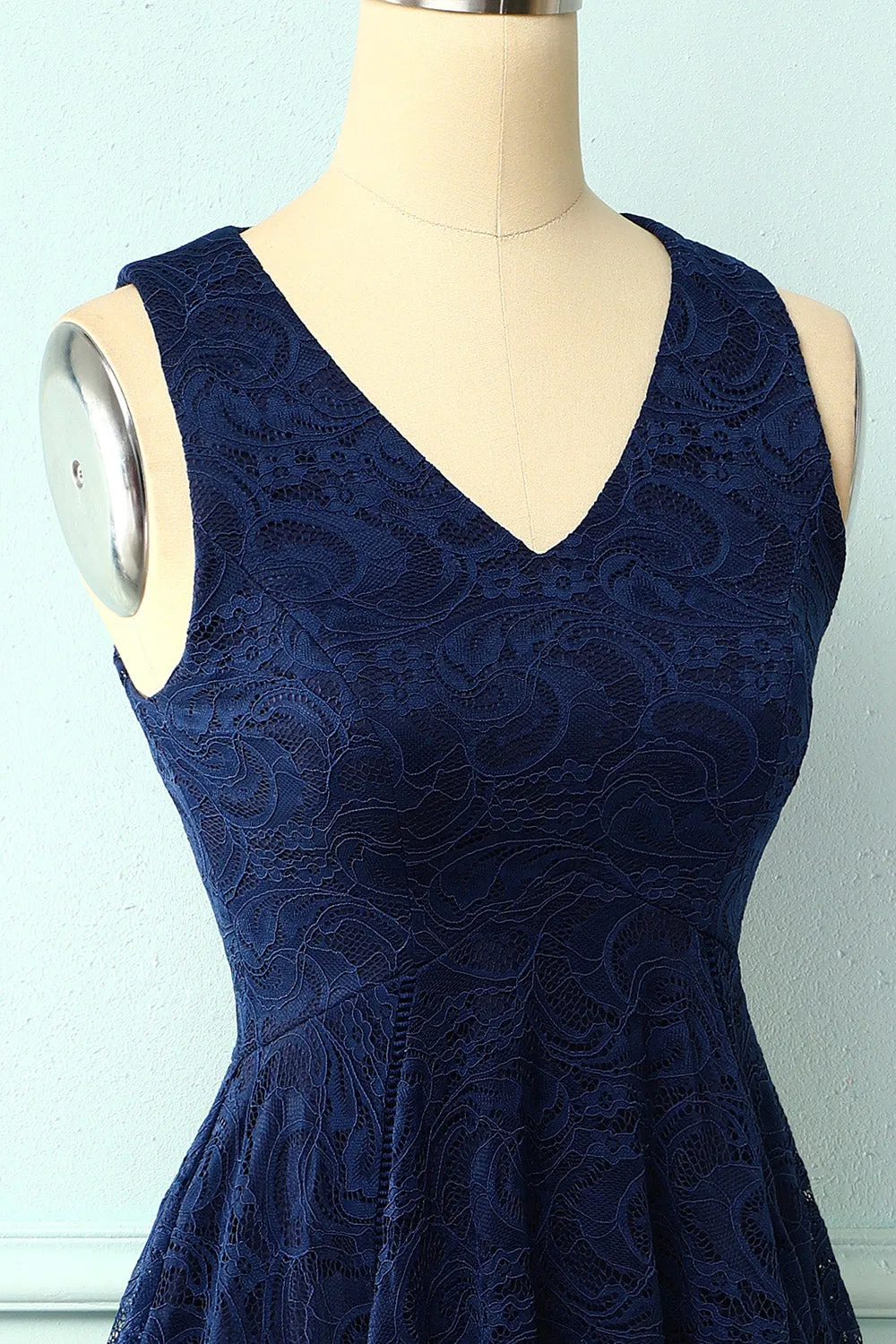 Asymmetrical Navy V Neck Lace Dress sold by Zapaka product image thumbnail 5