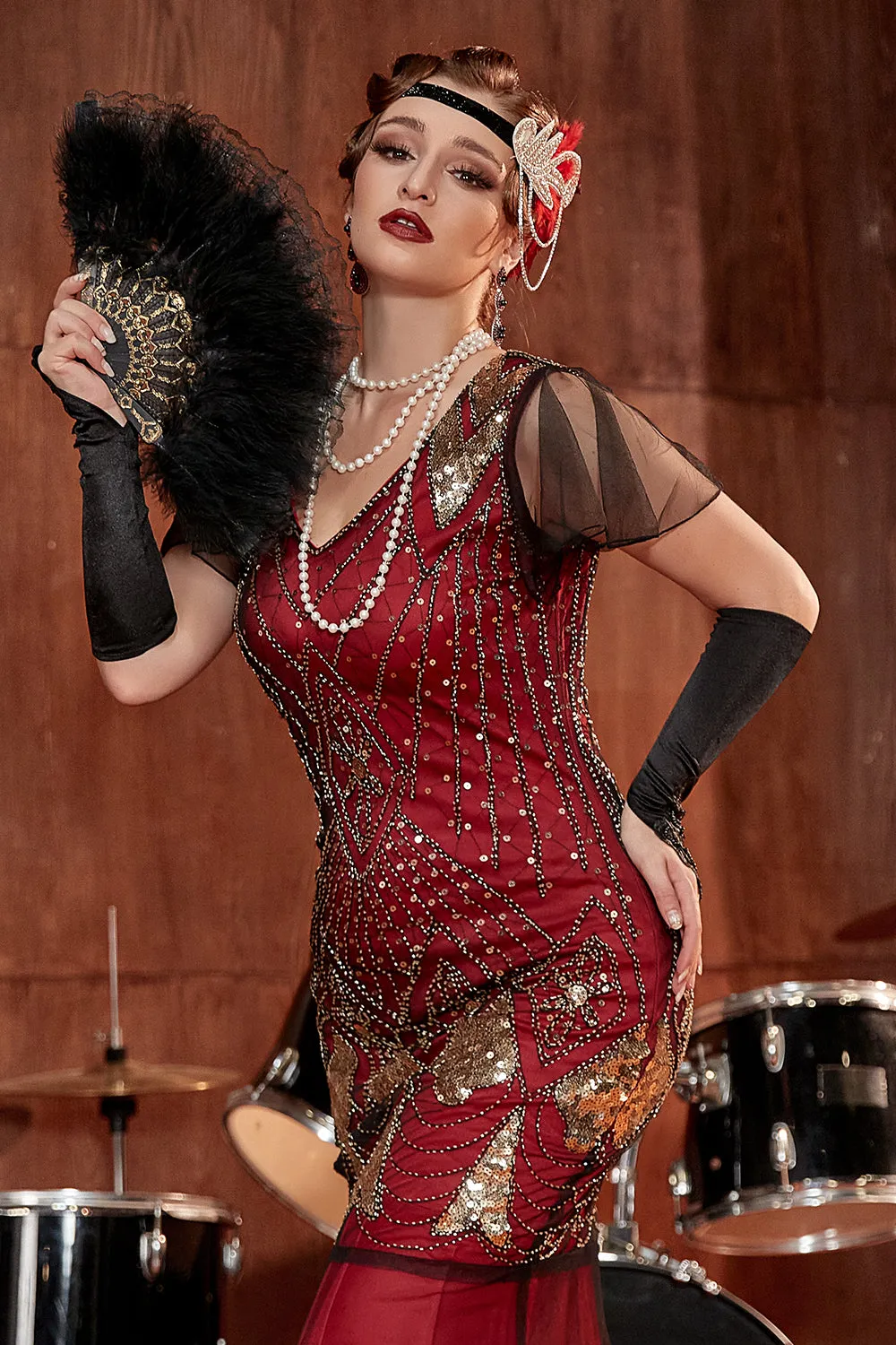 Burgundy Long 1920s Sequins Flapper Formal Dress sold by Zapaka product image thumbnail 5