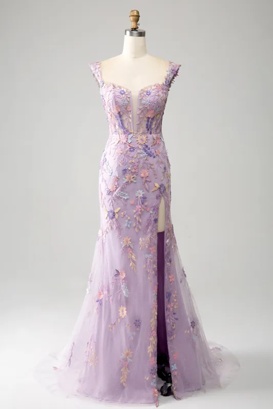 Light Purple Off The Shoulder Long Embroidered Mermaid Prom Dress Slit sold by Zapaka