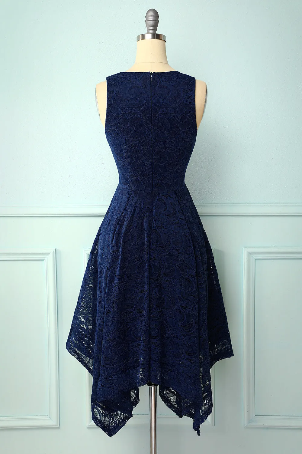 Asymmetrical Navy V Neck Lace Dress sold by Zapaka product image thumbnail 2