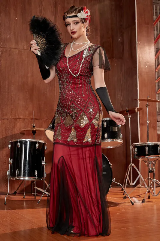 Burgundy Long 1920s Sequins Flapper Formal Dress sold by Zapaka
