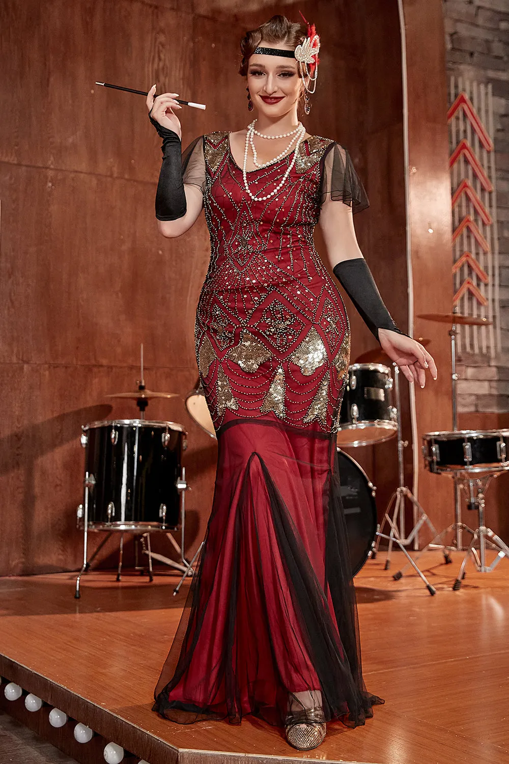Burgundy Long 1920s Sequins Flapper Formal Dress sold by Zapaka product image thumbnail 3