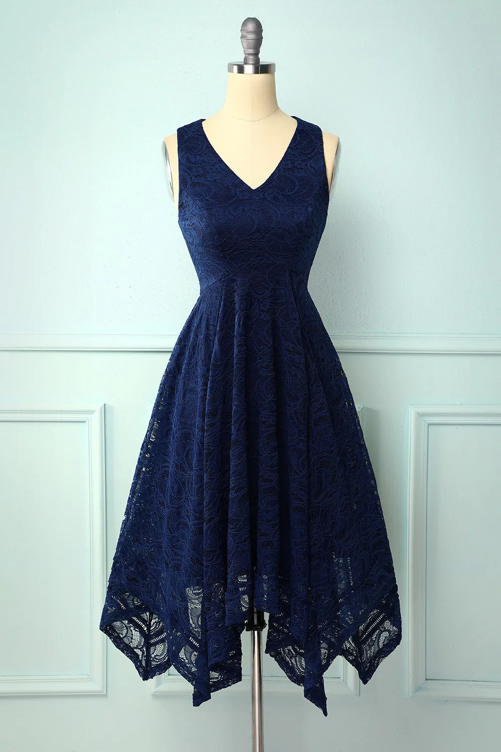 Asymmetrical Navy V Neck Lace Dress sold by Zapaka