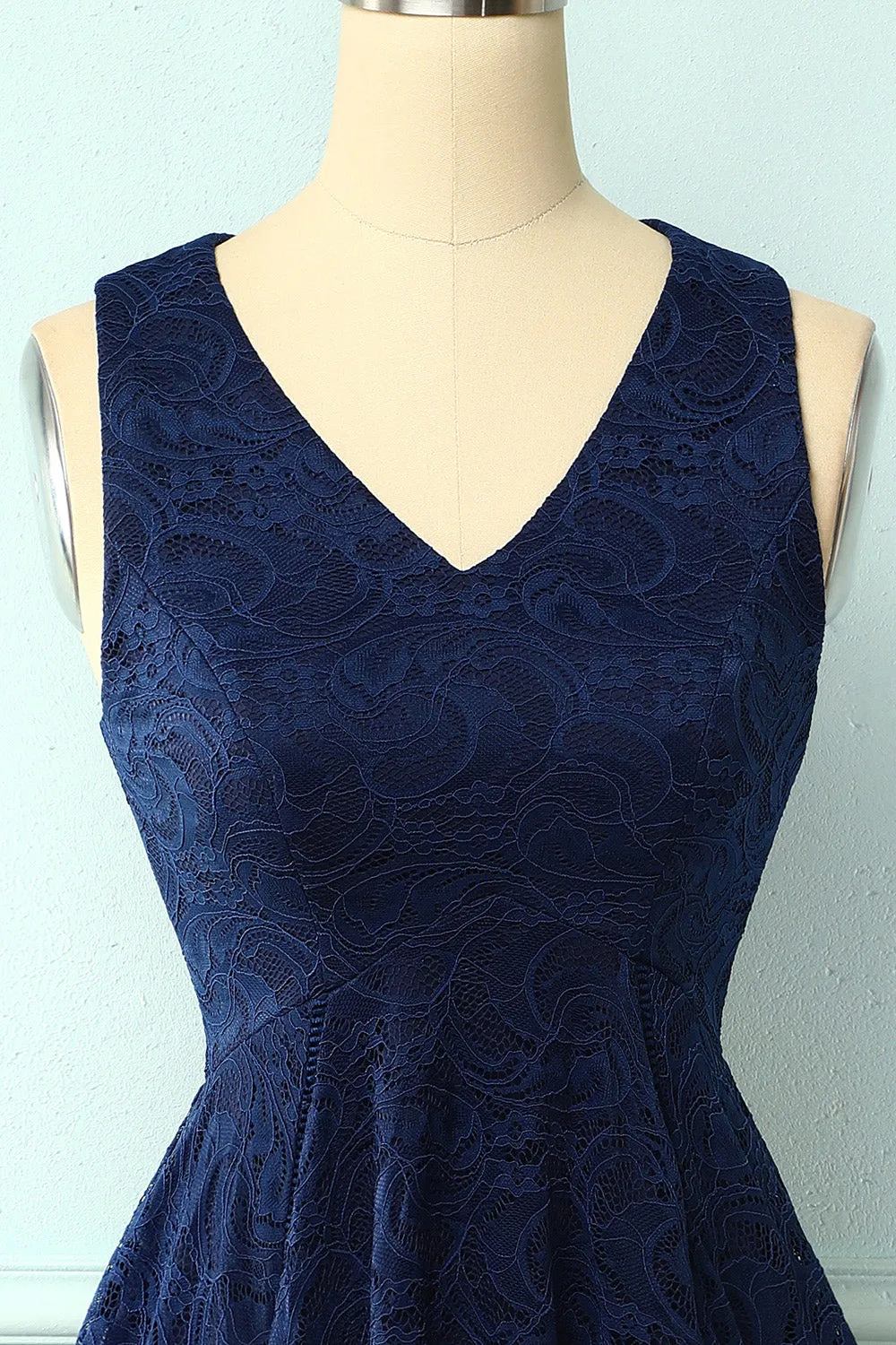 Asymmetrical Navy V Neck Lace Dress sold by Zapaka product image thumbnail 3
