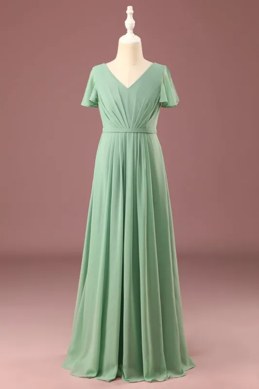 Long Matcha A-line Chiffon V-neck Short Sleeves Junior Bridesmaid Dress sold by Zapaka