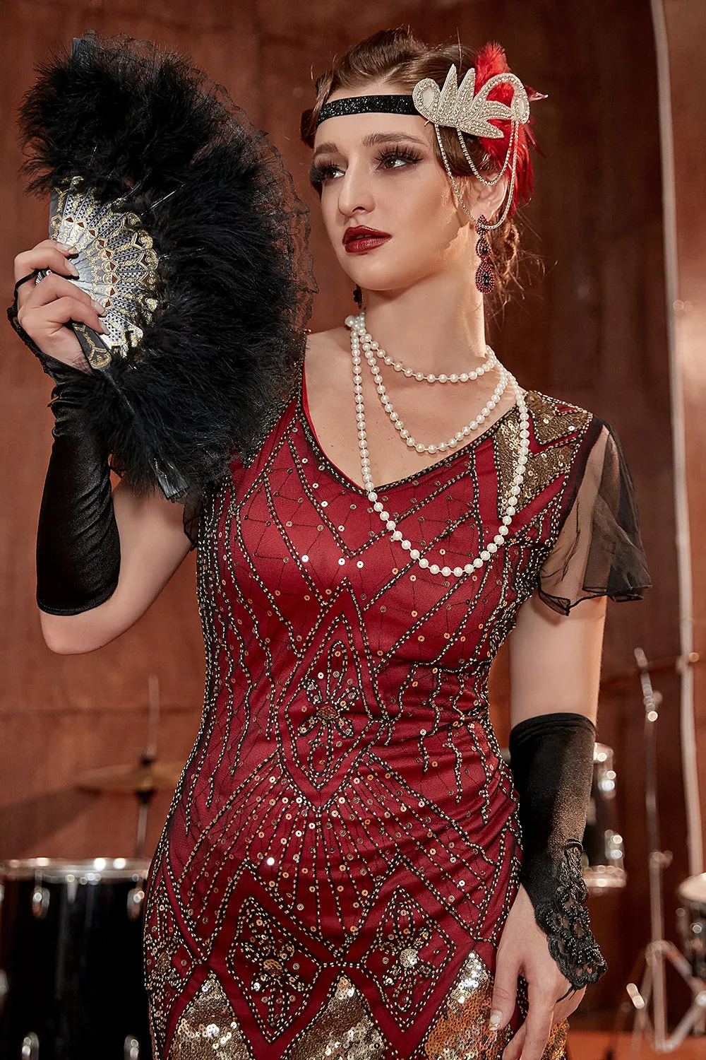 Burgundy Long 1920s Sequins Flapper Formal Dress sold by Zapaka product image thumbnail 4