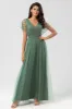 Epitome of Romance A-Line V Neck Eucalyptus Long Bridesmaid Dress with Beading sold by Zapaka