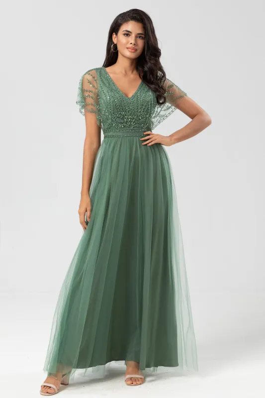 Epitome of Romance A-Line V Neck Eucalyptus Long Bridesmaid Dress with Beading sold by Zapaka