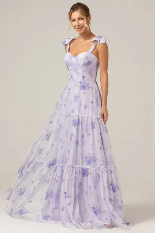 Lilac Corset Floral Print A-Line Long Bridesmaid Dress sold by Zapaka