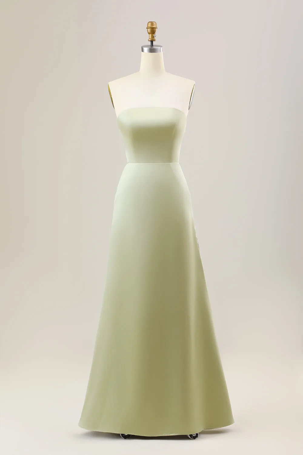 Dusty Sage A Line Strapless Satin Long Bridesmaid Dress sold by Zapaka