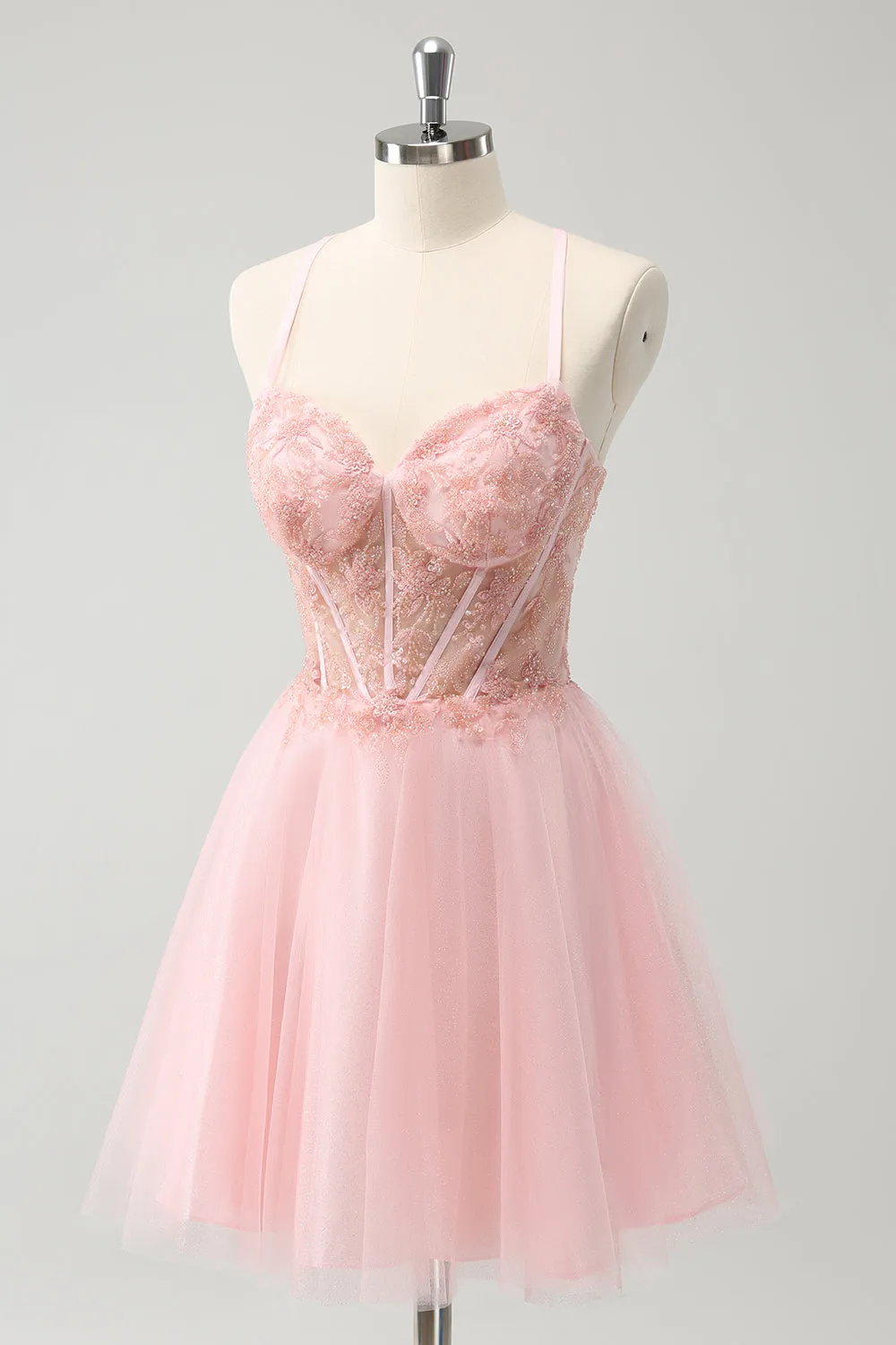 Pink Tulle A-Line Short Homecoming Dress with Beading sold by Zapaka product image thumbnail 3