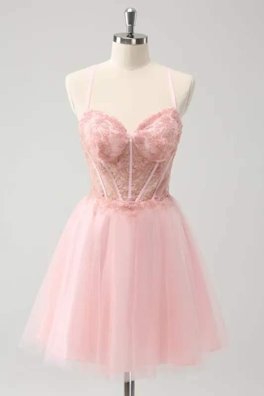 Pink Tulle A-Line Short Homecoming Dress with Beading sold by Zapaka