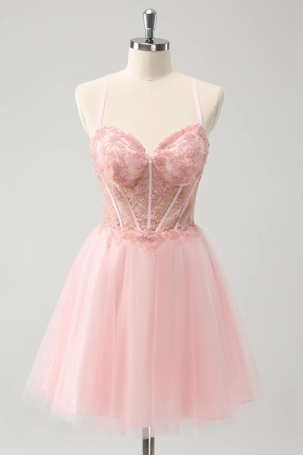 Pink Tulle A-Line Short Homecoming Dress with Beading sold by Zapaka