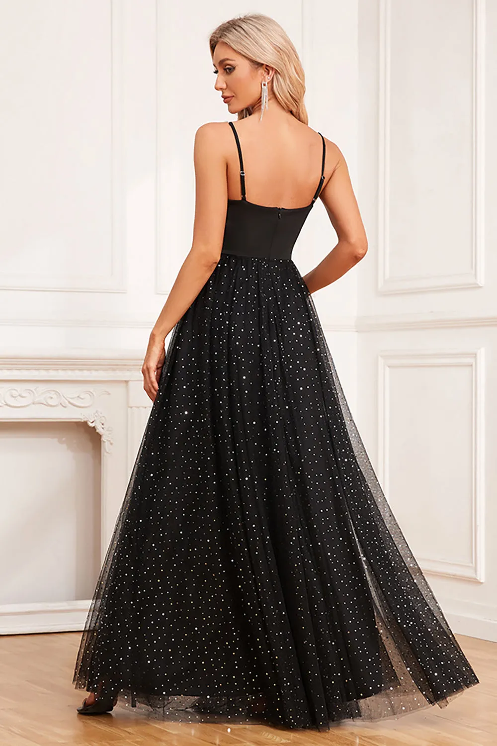 Black A-Line Spaghetti Straps Long Prom Dress sold by Zapaka product image thumbnail 2