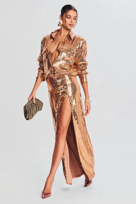 Sparkly Gold Sequins Lapel Neck Blazer Dress with Slit sold by Zapaka