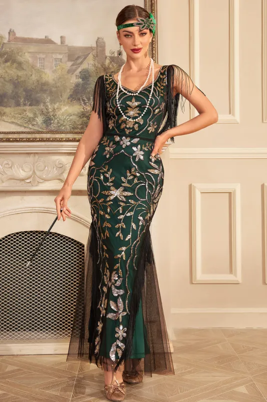 Green Golden Sheath V Neck Sequins Long 1920s Flapper Dress with Fringes sold by Zapaka