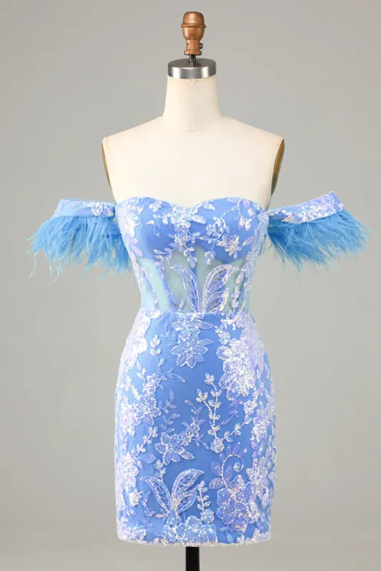 Gorgeous Sheath Off the Shoulder Blue Short Homecoming Dress with Feather sold by Zapaka
