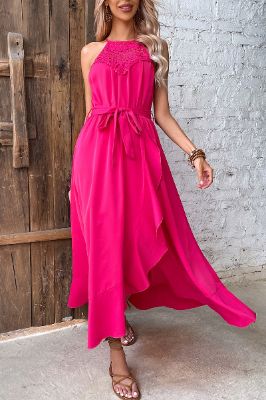 Halter Neck Fuchsia Tea Length Summer Dress with Belt sold by Zapaka