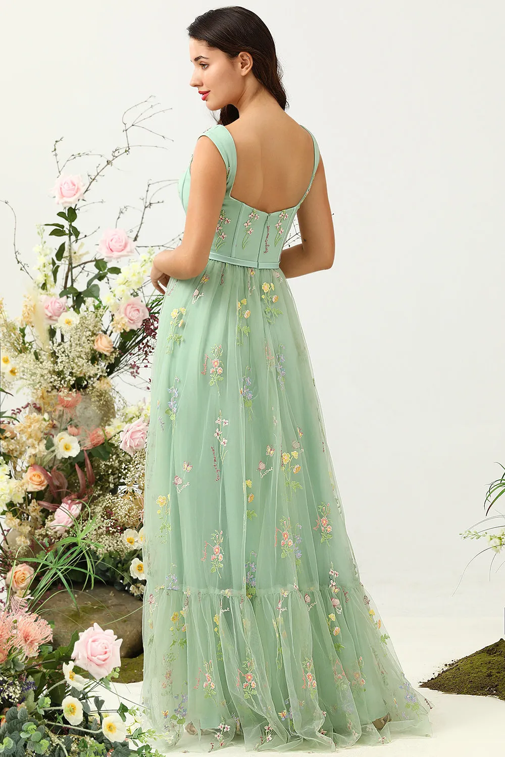 Gorgeous A-Line Square Neck Green Long Prom Dress with Embroidery sold by Zapaka product image thumbnail 2