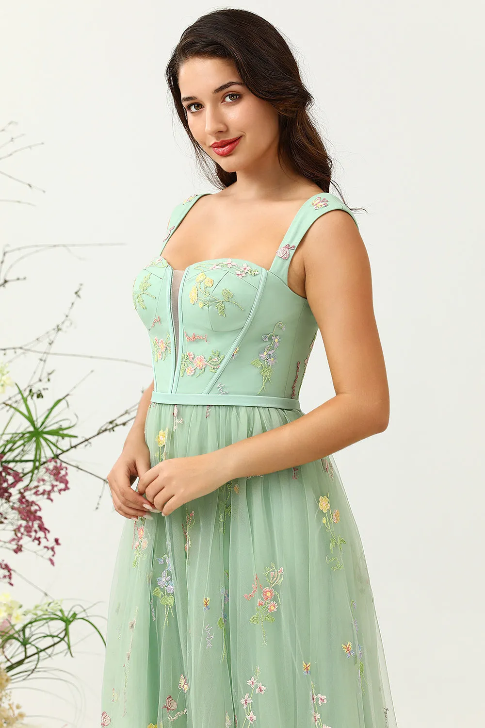 Gorgeous A-Line Square Neck Green Long Prom Dress with Embroidery sold by Zapaka product image thumbnail 5
