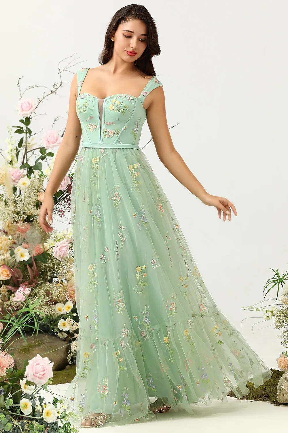 Gorgeous A-Line Square Neck Green Long Prom Dress with Embroidery sold by Zapaka product image thumbnail 3