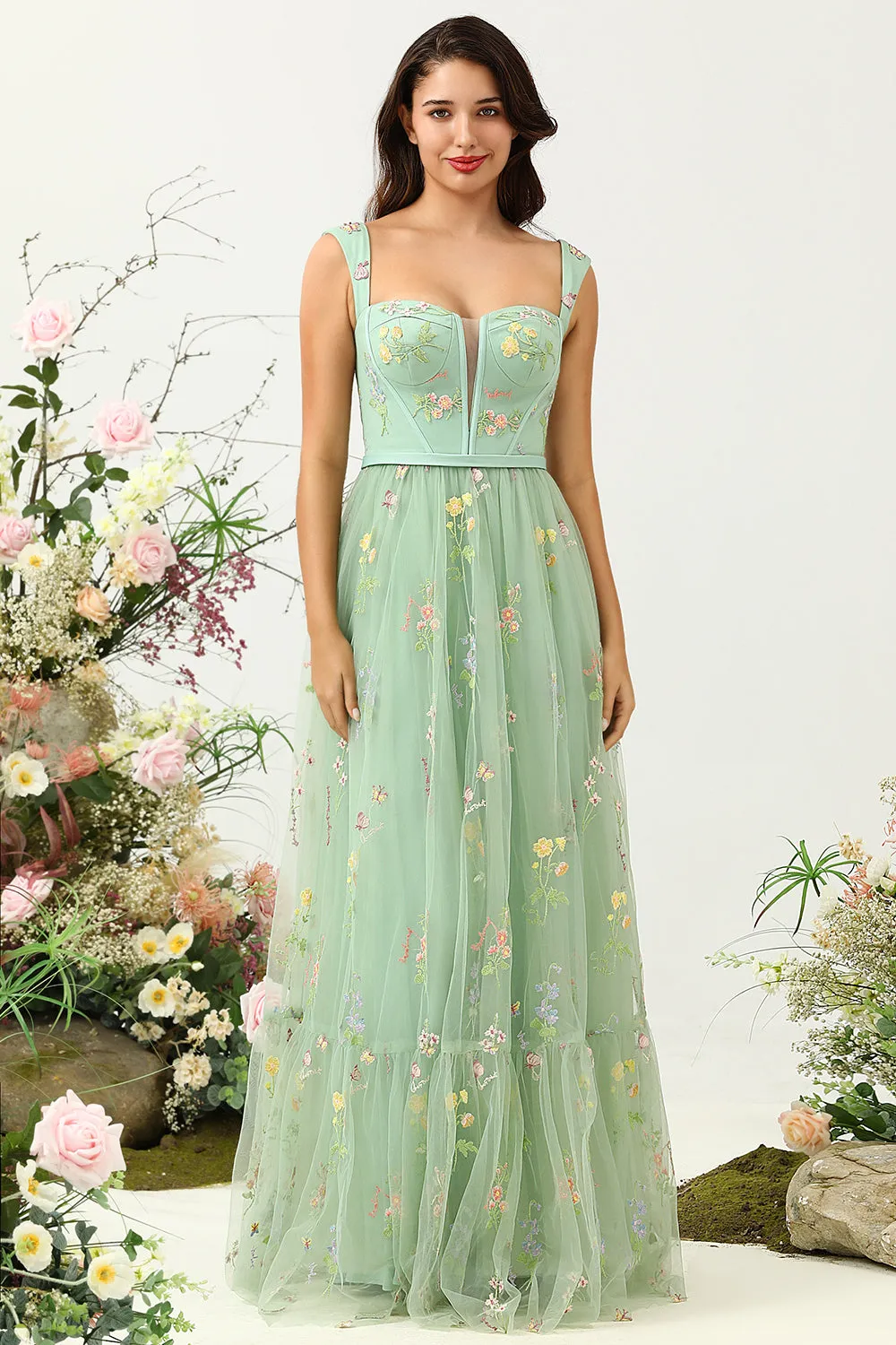 Gorgeous A-Line Square Neck Green Long Prom Dress with Embroidery sold by Zapaka