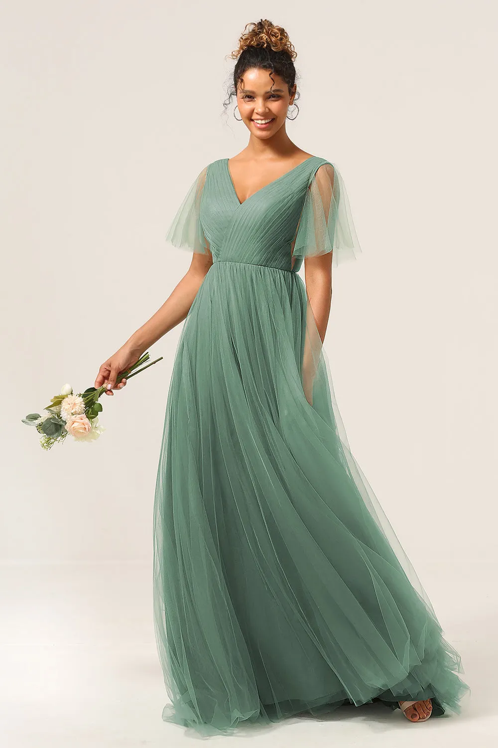 Eucalyptus V Neck Open Back A Line Bridesmaid Dress sold by Zapaka product image thumbnail 3