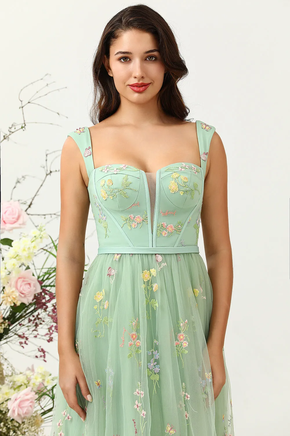 Gorgeous A-Line Square Neck Green Long Prom Dress with Embroidery sold by Zapaka product image thumbnail 4