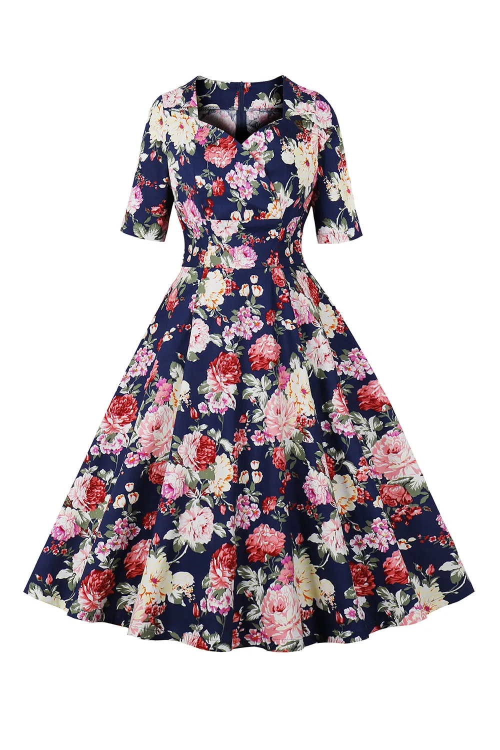 Navy Floral Printed Swing 1950s Dress with Short Sleeves sold by Zapaka