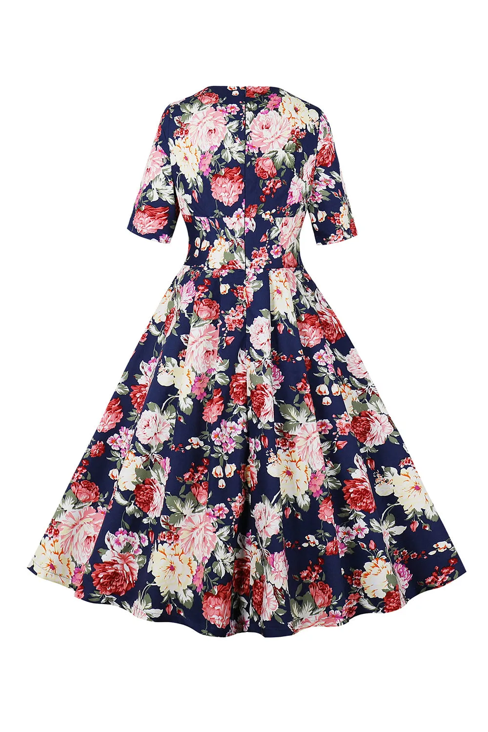 Navy Floral Printed Swing 1950s Dress with Short Sleeves sold by Zapaka product image thumbnail 2