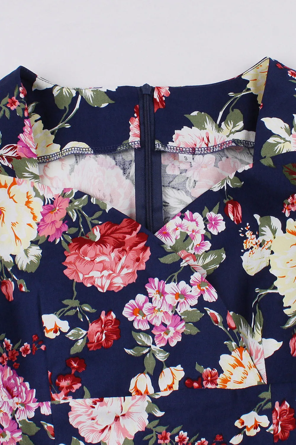 Navy Floral Printed Swing 1950s Dress with Short Sleeves sold by Zapaka product image thumbnail 3