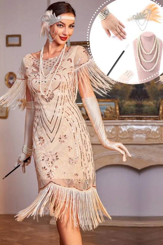 Sparkly Champagne Sequins Fringed 1920s Dress with Accessories Set sold by Zapaka