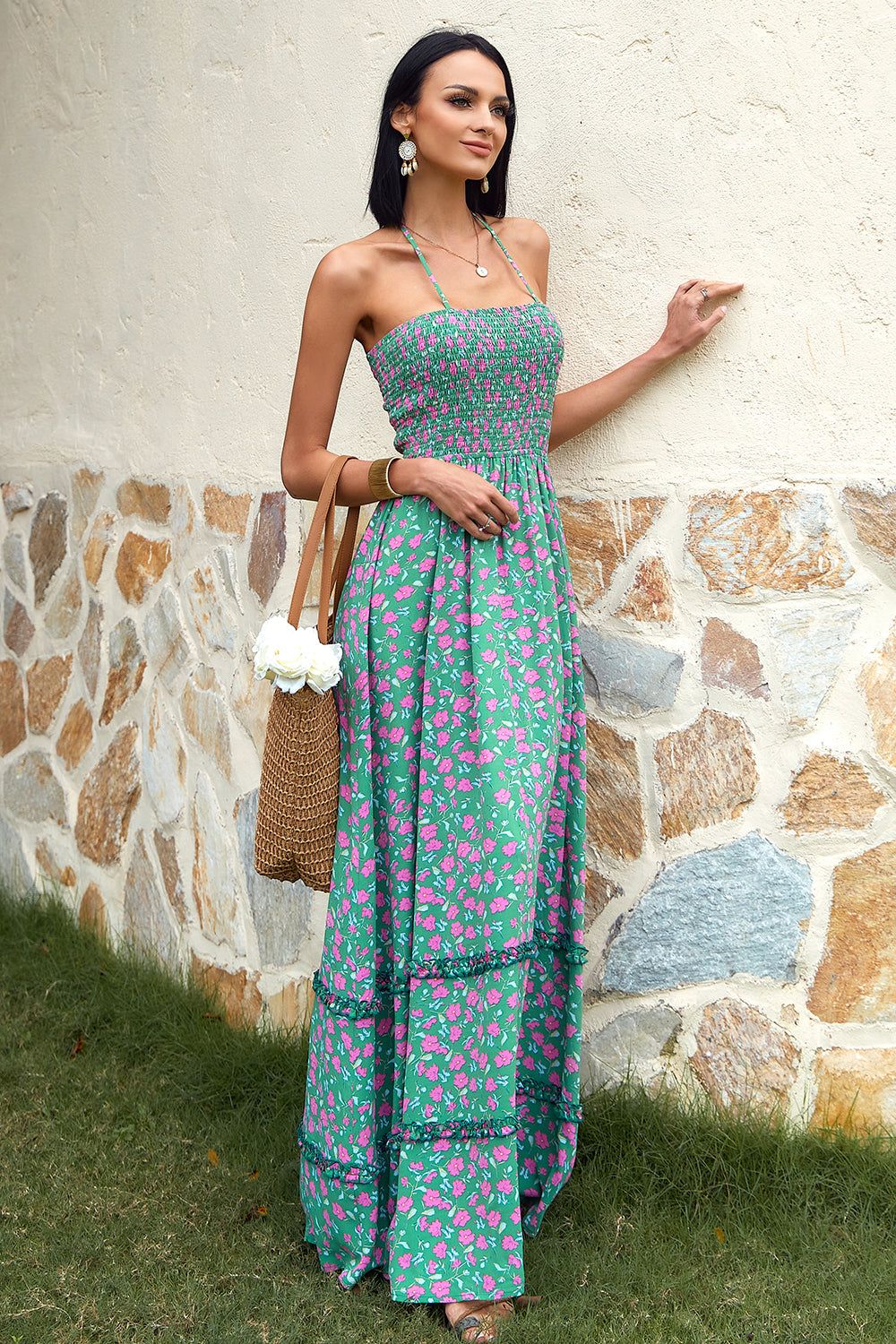 Flower Green Halter Maxi Boho Dress sold by Zapaka product image thumbnail 4