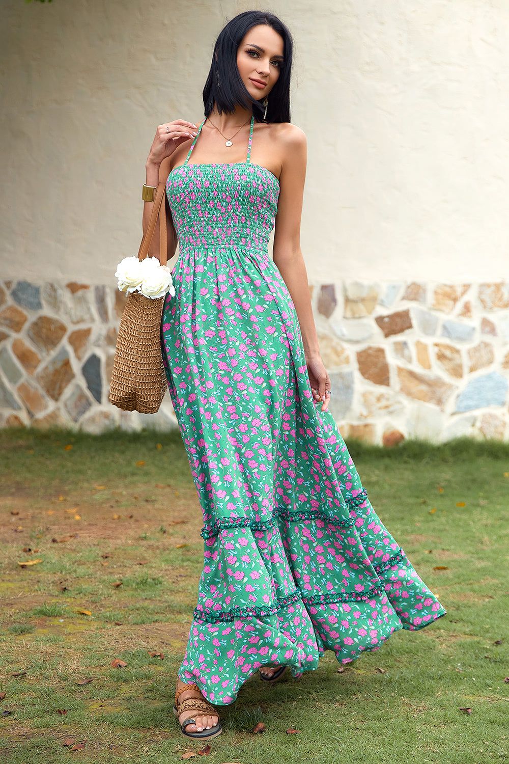 Flower Green Halter Maxi Boho Dress sold by Zapaka