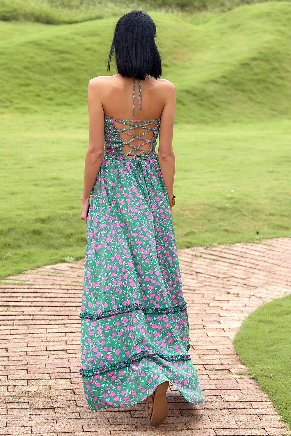 Flower Green Halter Maxi Boho Dress sold by Zapaka product image thumbnail 2
