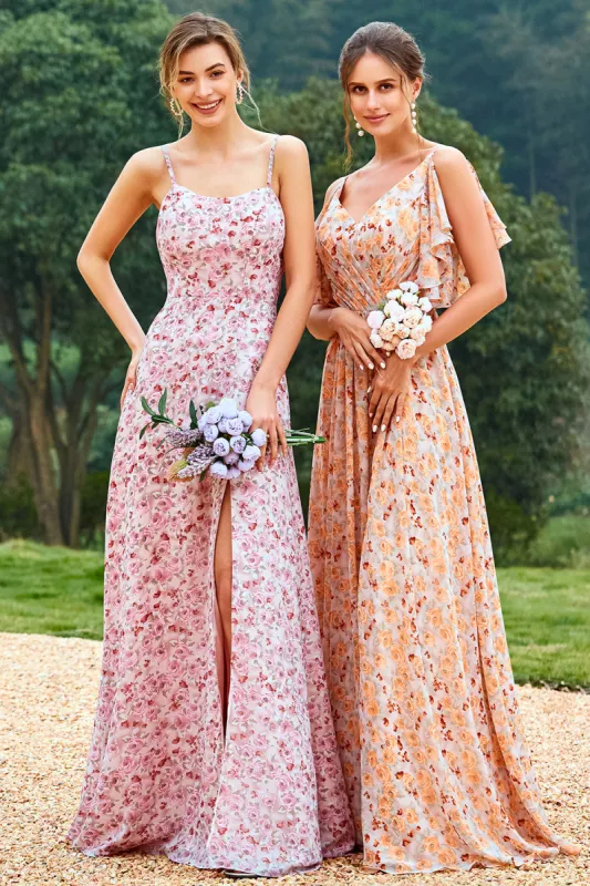 Pink Floral Print Bridesmaid Dress sold by Zapaka