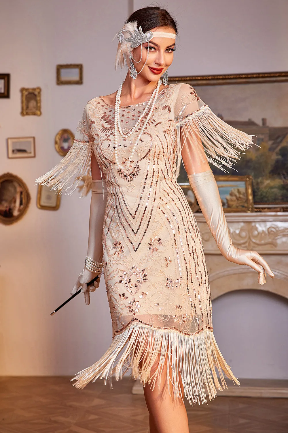 Sequins Champagne Roaring 20s Great Gatsby Fringed Flapper Dress with Sleeve sold by Zapaka