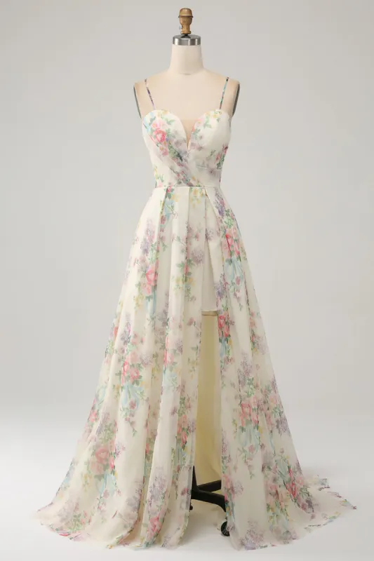 A-Line Flower Printed Ivory Prom Dress with Slit sold by Zapaka