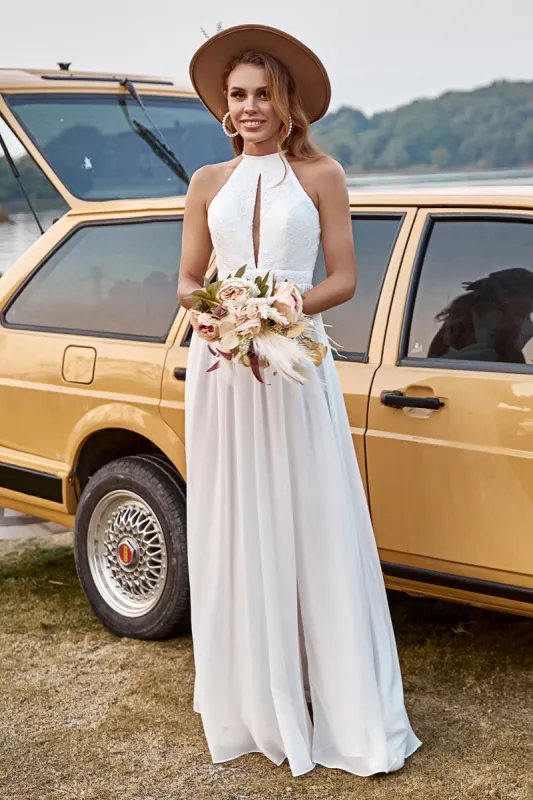 Ivory Lace Chiffon Halter Boho Wedding Dress With Slit sold by Zapaka