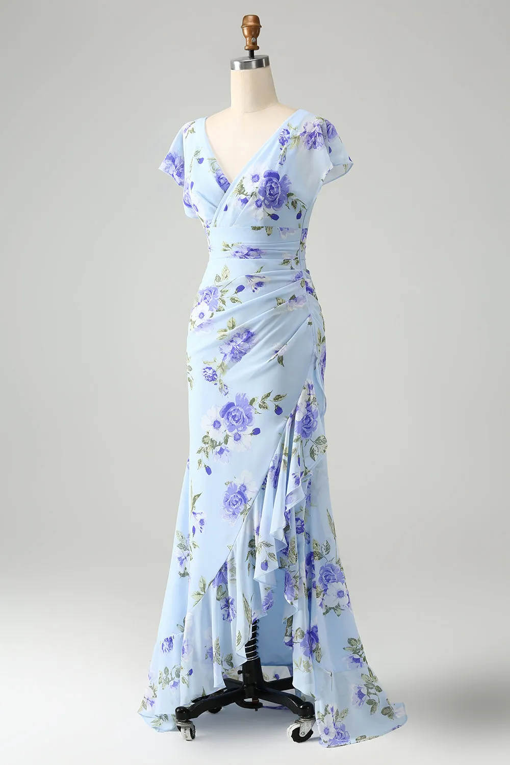 Blue Floral A Line Ruffles Asymmetrical Wedding Guest Dress sold by Zapaka product image thumbnail 3