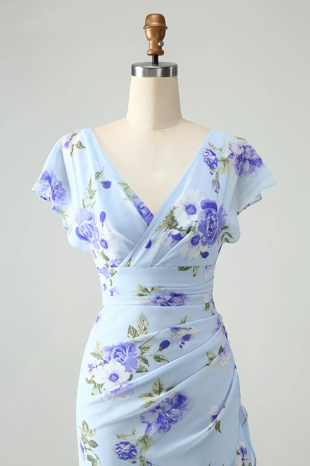Blue Floral A Line Ruffles Asymmetrical Wedding Guest Dress sold by Zapaka product image thumbnail 4