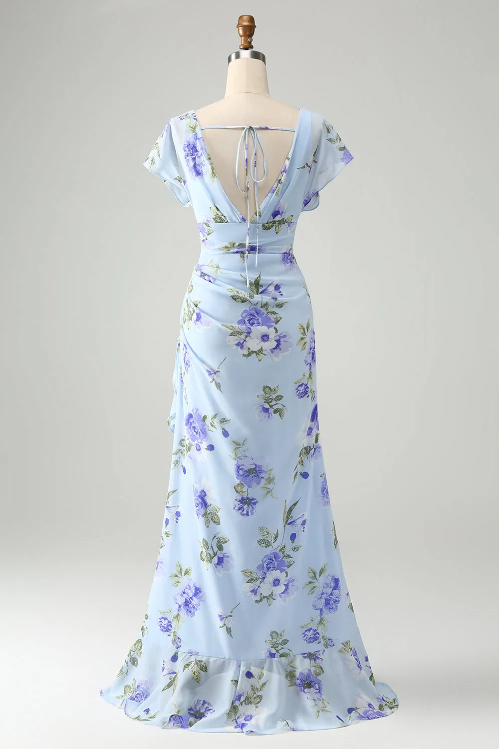 Blue Floral A Line Ruffles Asymmetrical Wedding Guest Dress sold by Zapaka product image thumbnail 2