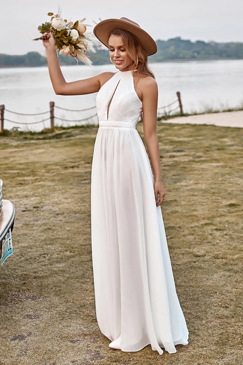Ivory Lace Chiffon Halter Boho Wedding Dress With Slit sold by Zapaka product image thumbnail 3
