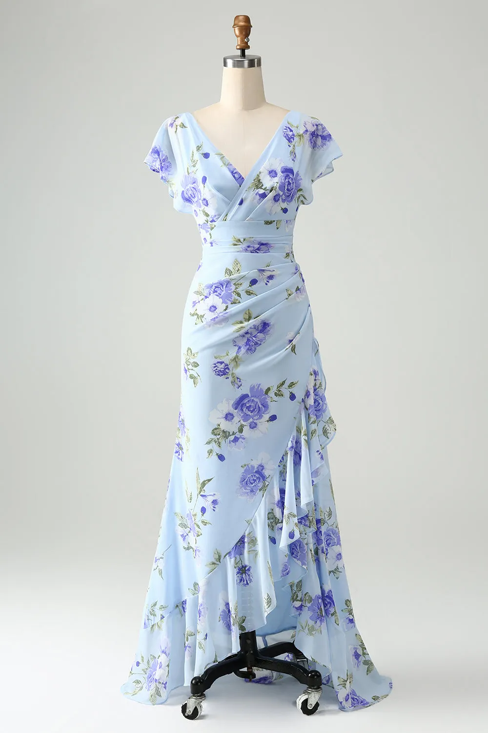 Blue Floral A Line Ruffles Asymmetrical Wedding Guest Dress sold by Zapaka