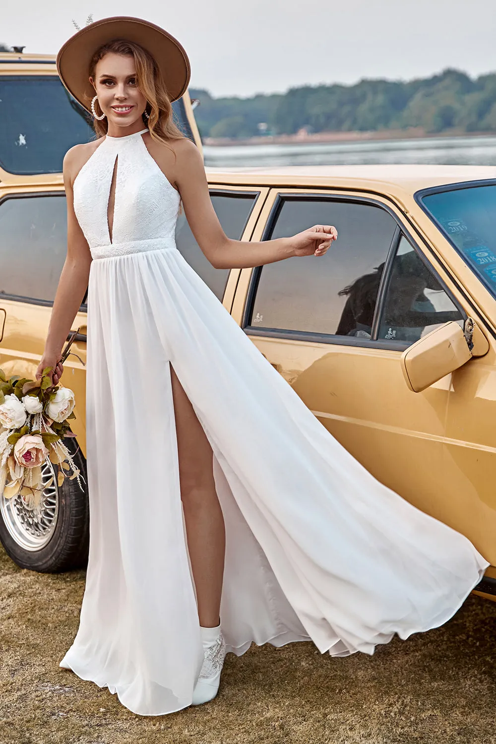 Ivory Lace Chiffon Halter Boho Wedding Dress With Slit sold by Zapaka product image thumbnail 4