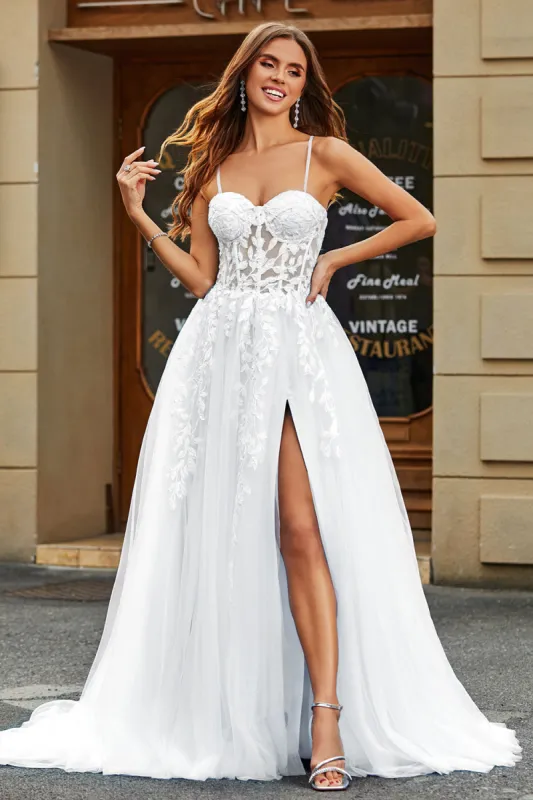 White Corset A-Line Long Tulle Bridal Dress with Slit sold by Zapaka