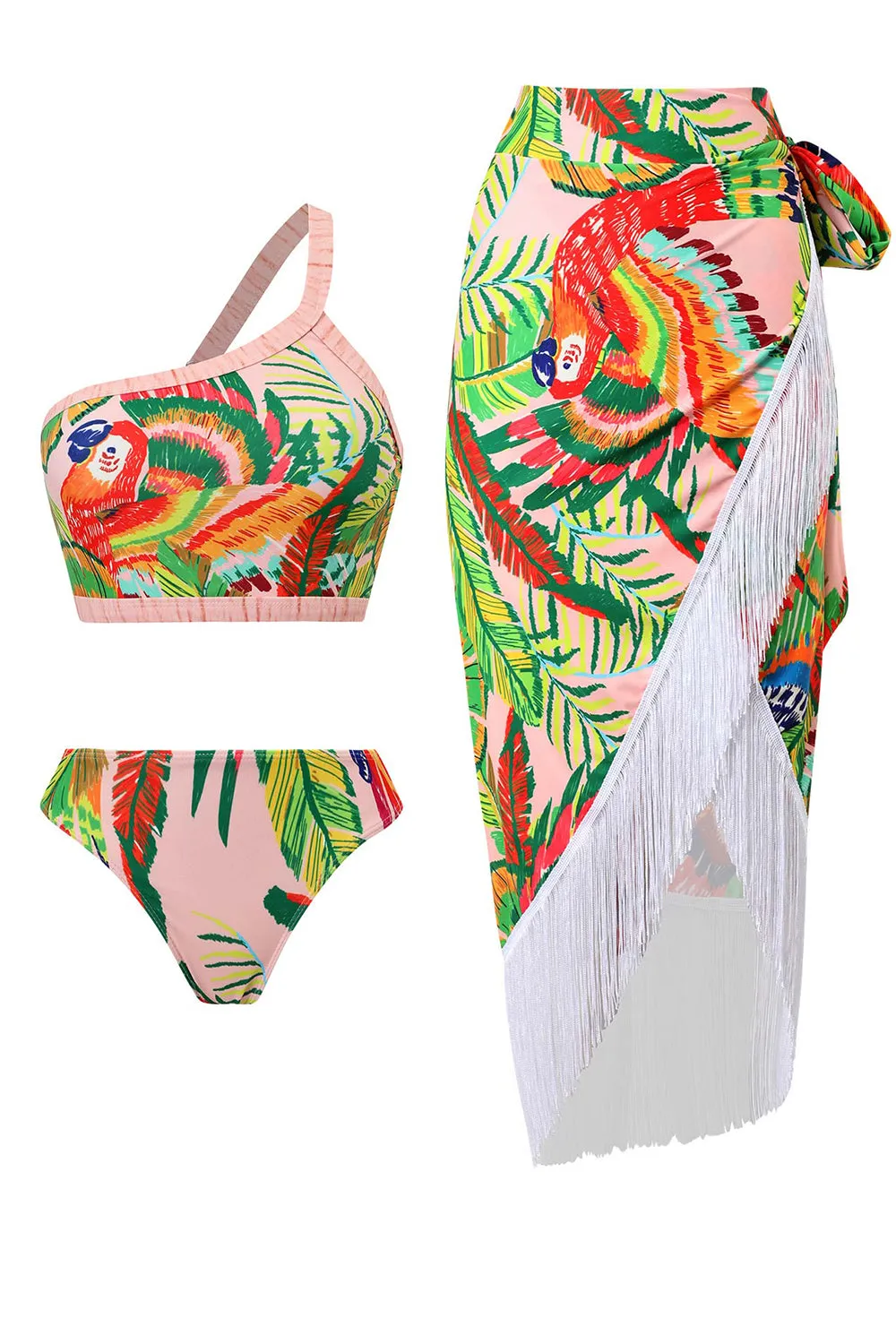 Orange 3 Piece Printed Bikini Set with Tassel Beach Dress sold by Zapaka
