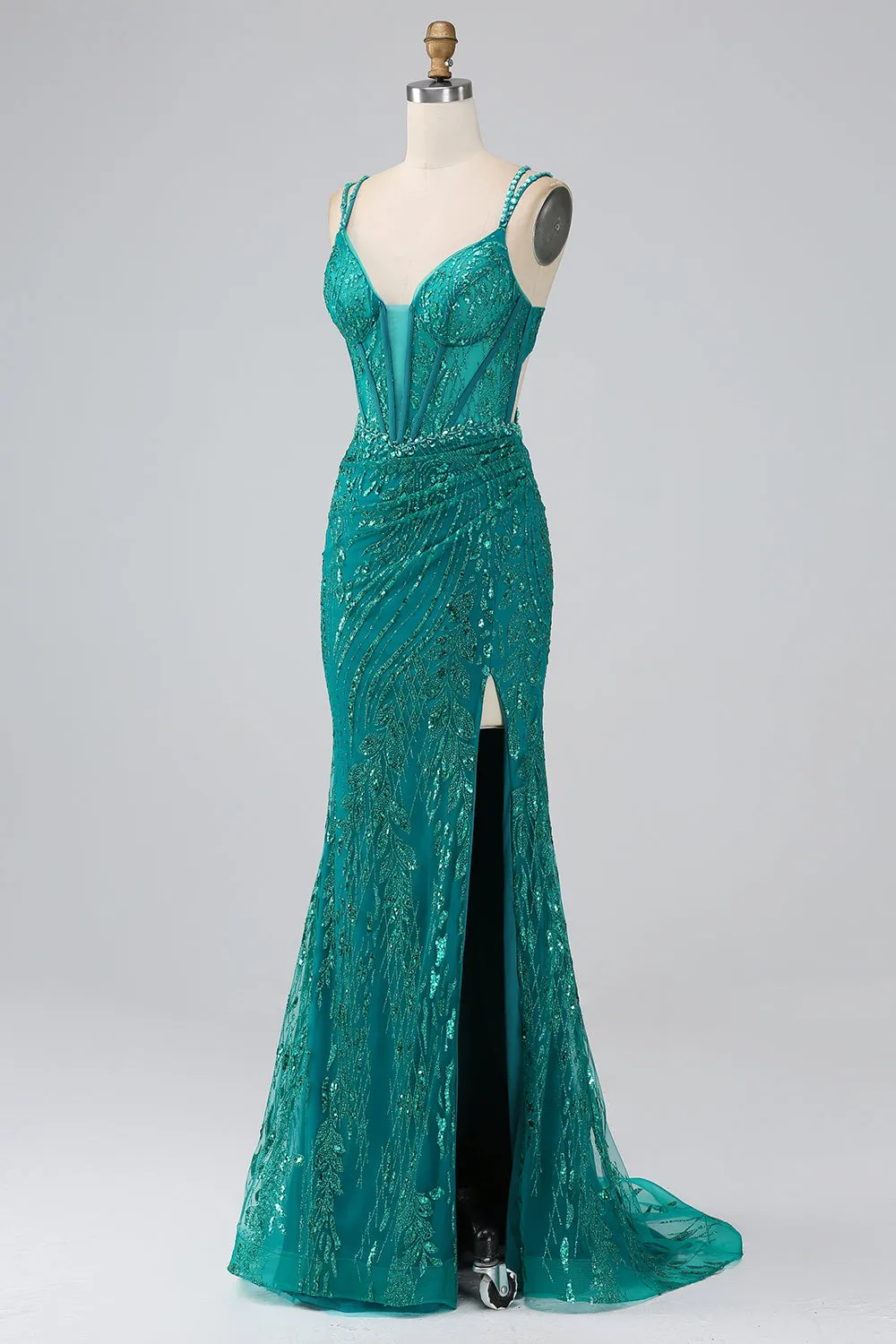 Dark Green Sparkly Mermaid Spaghetti Straps Corset Prom Dress With Slit sold by Zapaka product image thumbnail 3