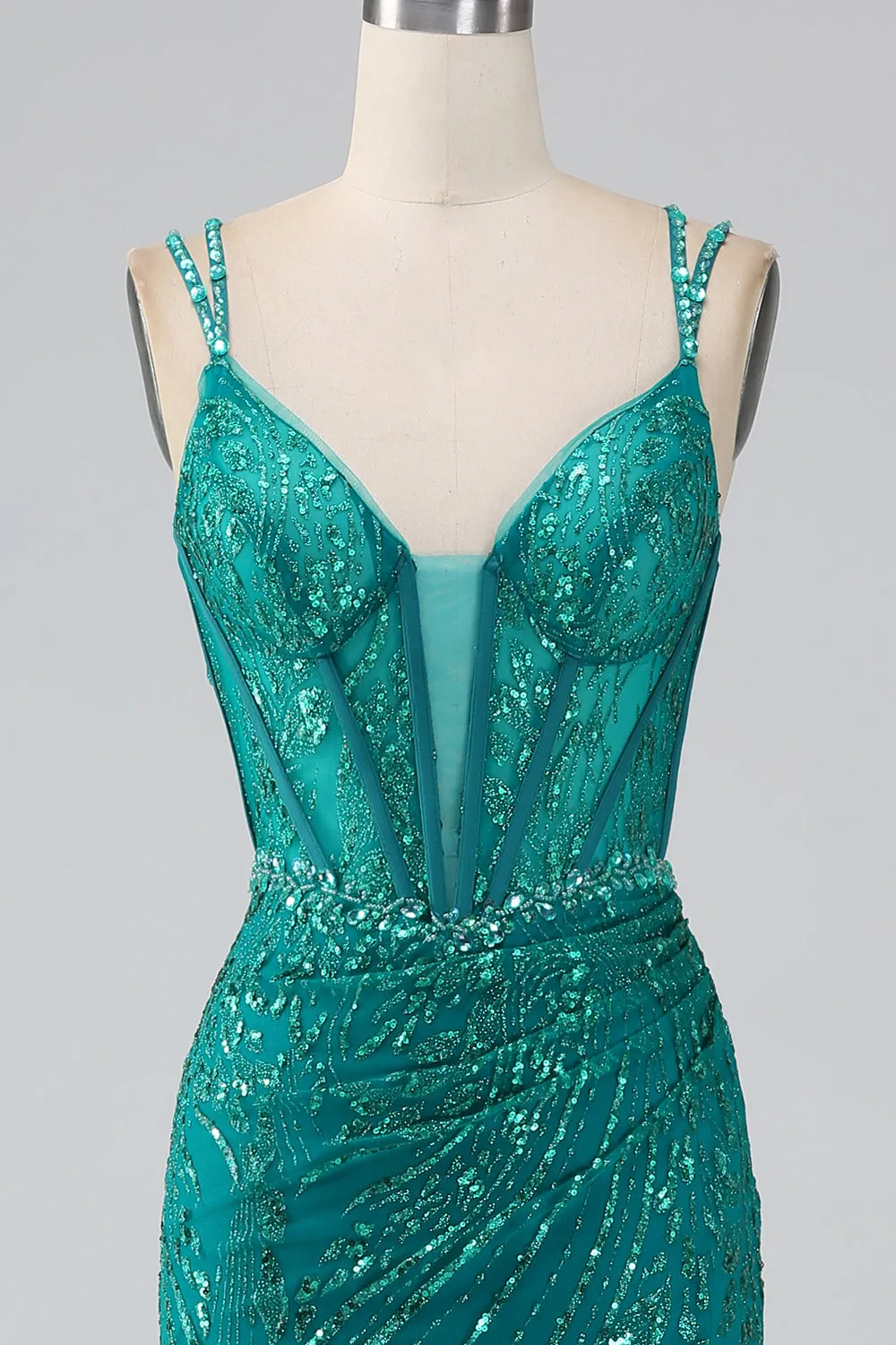 Dark Green Sparkly Mermaid Spaghetti Straps Corset Prom Dress With Slit sold by Zapaka product image thumbnail 4